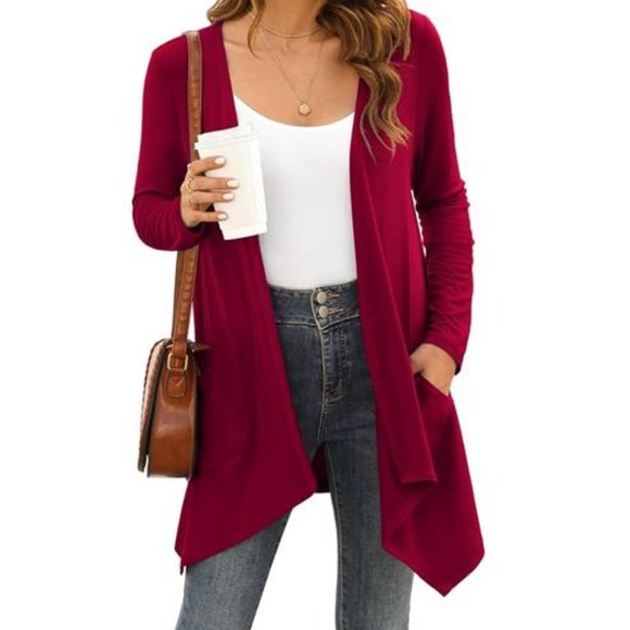 Womens Red Cardigan With Pockets Medium Lightweight Sweater Fall Fashion Trends - Picture 2 of 4